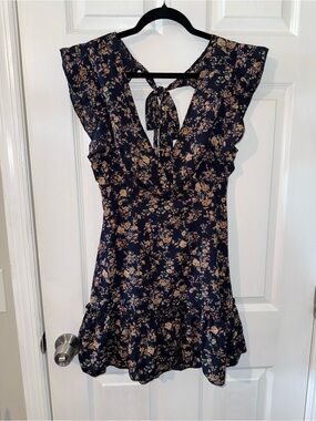 SHEIN Navy Floral Short Dress with Ruffle Accents